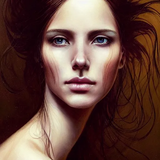 Prompt: facial portrait of a young pretty woman in flowing dress, arrogant, mysterious, long fine flowing hair, delicate, looking at camera, slightly awkward smile, realistic face, no hands visible, intricate, stylish, elegant, grimdark fantasy, vibrant, extremely detailed painting by Greg Rutkowski and Ernst Haeckel and Harumi Hironaka