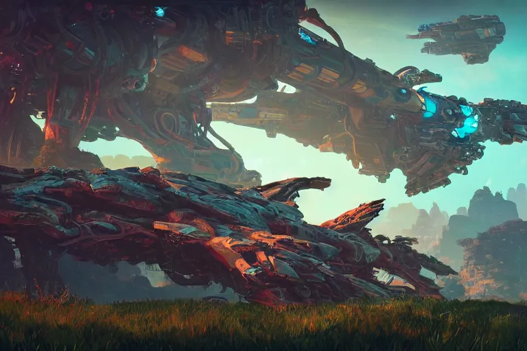 Image similar to slitherfang machine mecanical creature robot of horizon forbidden west horizon zero dawn radiating a glowing aura global illumination ray tracing hdr fanart arstation by ian pesty and alena aenami artworks in 4 k