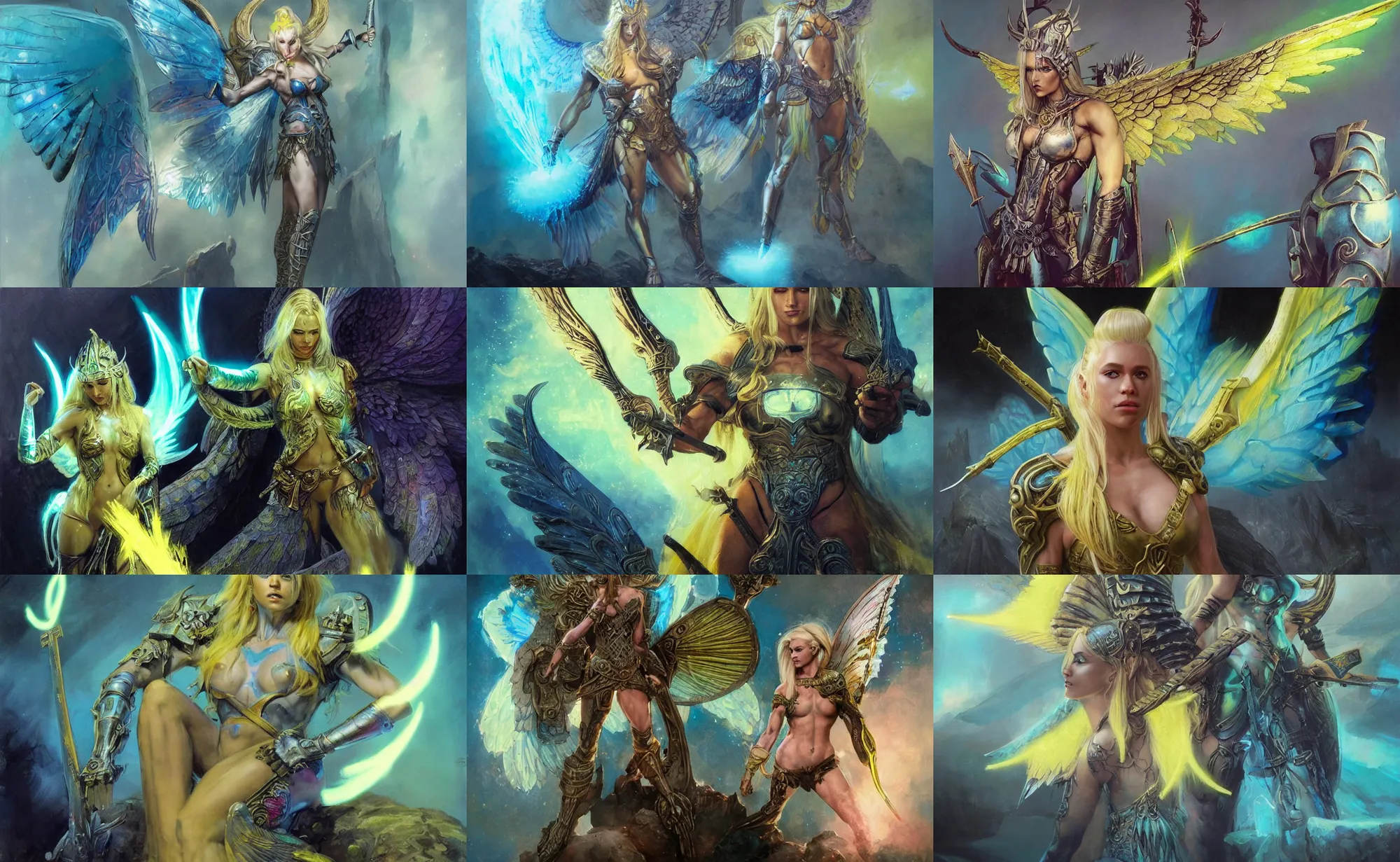 Prompt: A mixed media painting of the beautiful blonde viking goddess of war with neon-yellow-holographic futuristic wings, very aesthetic, detailed face, by Frank Frazetta, Greg Rutkowski, Boris Vallejo, Beeple, Christian MacNevin, epic fantasy character art, goddess of anger, teal-neon viking runes, valkyrie, biceps femoris, high fantasy, CGsociety, full length, exquisite detail, post-processing, low angle, masterpiece, cinematic, odin's stone arena background