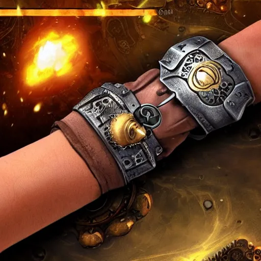 Image similar to A steampunk wristband that shoots out a grapple using steam canisters, epic fantasy art style HD