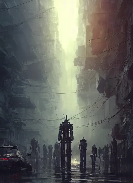 Image similar to dramatic Photorealistic, Matte Painting of a gigantic Mobile suit Mech standing in a busy post apocalyptic deep flooded Hong Kong city street at night,dark Tall buildings by Greg Rutkowski,Craig Mullins,Hyperrealism,Beautiful dramatic moody lighting,Cinematic Atmosphere,volumetric,Octane Rendering,8K