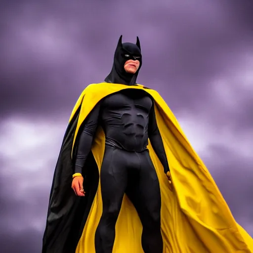 Image similar to a blur of purple, yellow, and black. figure in a cape, and cowl - flew in a split second under the rainy yet gloomy skies of gotham city