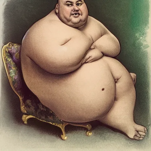 Image similar to highly detailed portrait of a grossly obese flamboyant man who is shaped like a pear artstation he is sitting down for a lavish feast of only vegtables, 8 k, sfx, john singer sargent.