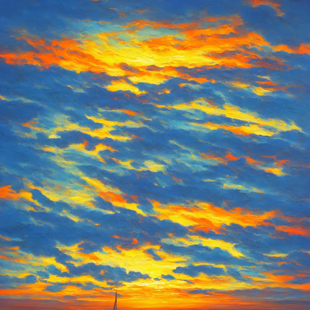 Image similar to an impasto oil painting of a stunning sunset painted by ken hong leung, blue color scheme, golden ratio