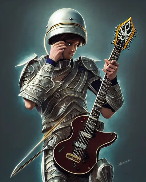 Image similar to Energetic rock guitarist wearing a Galea brushed legionary infantry helmet, fantasy, holding guitar with intricate art deco leaf designs, elegant, highly detailed, sharp focus, art by Artgerm and Greg Rutkowski and WLOP