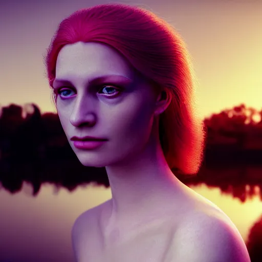 Image similar to photographic portrait of a stunningly beautiful english clairvoyant renaissance female in soft dreamy light at sunset, beside the river, soft focus, contemporary fashion shoot, in a denis villeneuve and tim burton movie, by edward robert hughes, annie leibovitz and steve mccurry, david lazar, jimmy nelsson, extremely detailed, breathtaking, hyperrealistic, perfect face, octane render