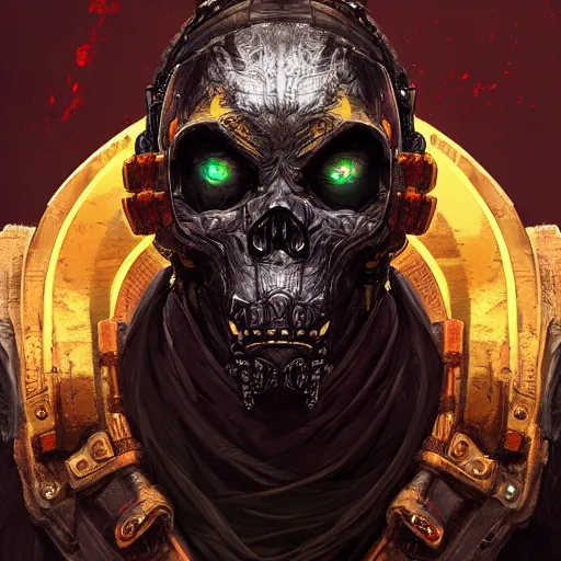 Image similar to a golden skull face monkey warrior with a black diamond in his forehead, Apex Legends character, digital illustration portrait design, by android jones and greg rutkowski, retrowave color scheme, detailed, cinematic lighting, wide angle action dynamic portrait