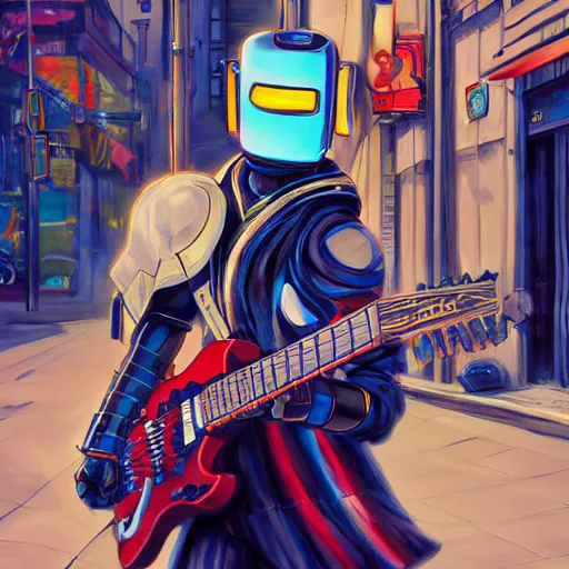 Prompt: samurai robot guitarist playing guitar standing in city street, highly detailed, vibrant colors, artgerm, anime, trending on artstation