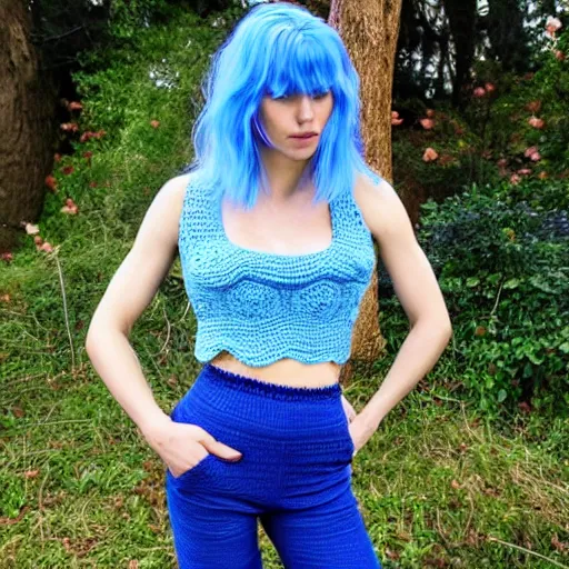 Image similar to A photo of a caucasian female model with blue hair wearing a crocheted croptop