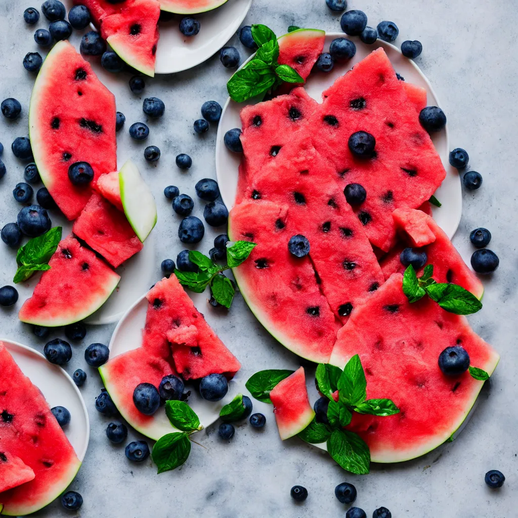 Prompt: blueberry watermelon hybrid on a plate, hyper real, food photography, high quality