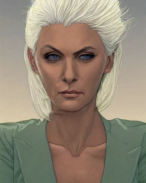 Prompt: beautiful woman with white hair and green eyes, portrait, elegant, dusk, illustration, art by moebius Jean Giraud