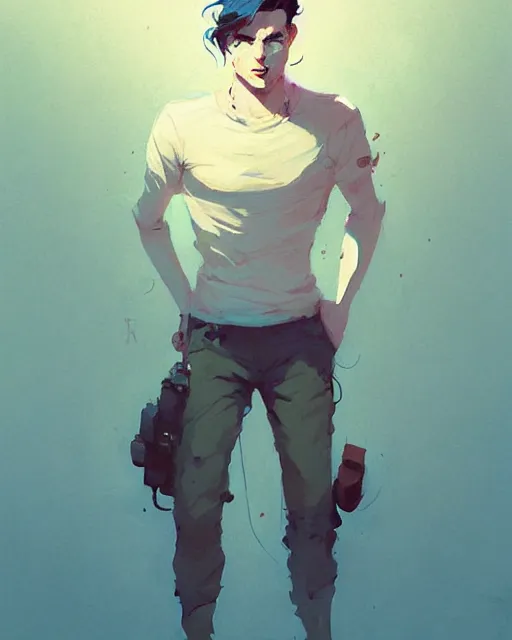 Prompt: portrait of beautiful male jon berntral by atey ghailan, by greg rutkowski, by greg tocchini, by james gilleard, by joe fenton, by kaethe butcher, dynamic lighting, gradient light blue, brown, blonde cream and white color scheme, grunge aesthetic