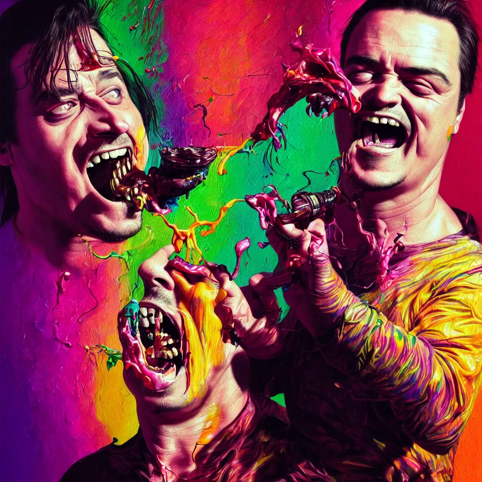 Image similar to bright psychedelic mike patton eating rotten flesh, smiling and puking, diffuse lighting, fantasy, intricate, elegant, highly detailed, lifelike, photorealistic, digital painting, artstation, illustration, concept art, smooth, sharp focus, art by francis bacon