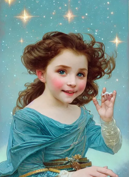 Image similar to a cute little girl with a round cherubic face, blue eyes, and short wavy light brown hair smiles as she floats in space with stars all around her. she is wearing a turquoise dress. beautiful painting by artgerm and greg rutkowski and alphonse mucha and irakli nadar