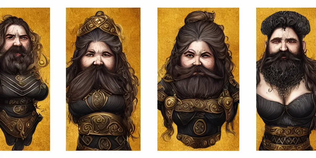 Image similar to triptych of elderly female feminine bearded dwarven heavyset fighter with curly long grey hairstyle, her full beard is long and plaited style, she has wrinkled skin and is wearing full black platemail armor with intricate slight gold trim by rossdraws, triptych format