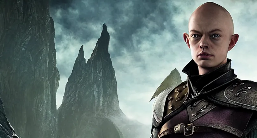 Image similar to promotional image of dane dehaan as a bald elf in dragon age : inquisition, hyperrealistic, detailed face, movie still, promotional image, imax 7 0 mm footage