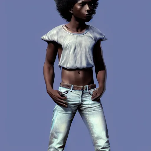 Prompt: [ african teen ]! with an [ afro, white tank top, and blue jeans ]!, matte painting!, afrofuturism! art style, trending on [ artstation ], award winning, intricate, [ full - body ]!, cgsociety contest winner, zbrush!, 3 d render