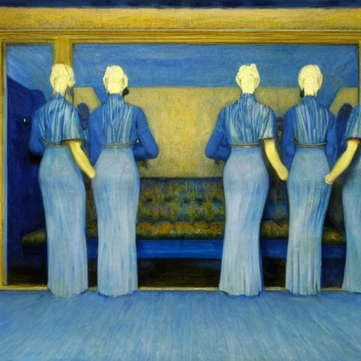 Image similar to procession of women in a blue and gold haunted liminal abandoned temple, film still by edward hopper, by gottfried helnwein, by klimt, art noveau, highly detailed, strong lights, liminal, eerie, bright pastel colors,