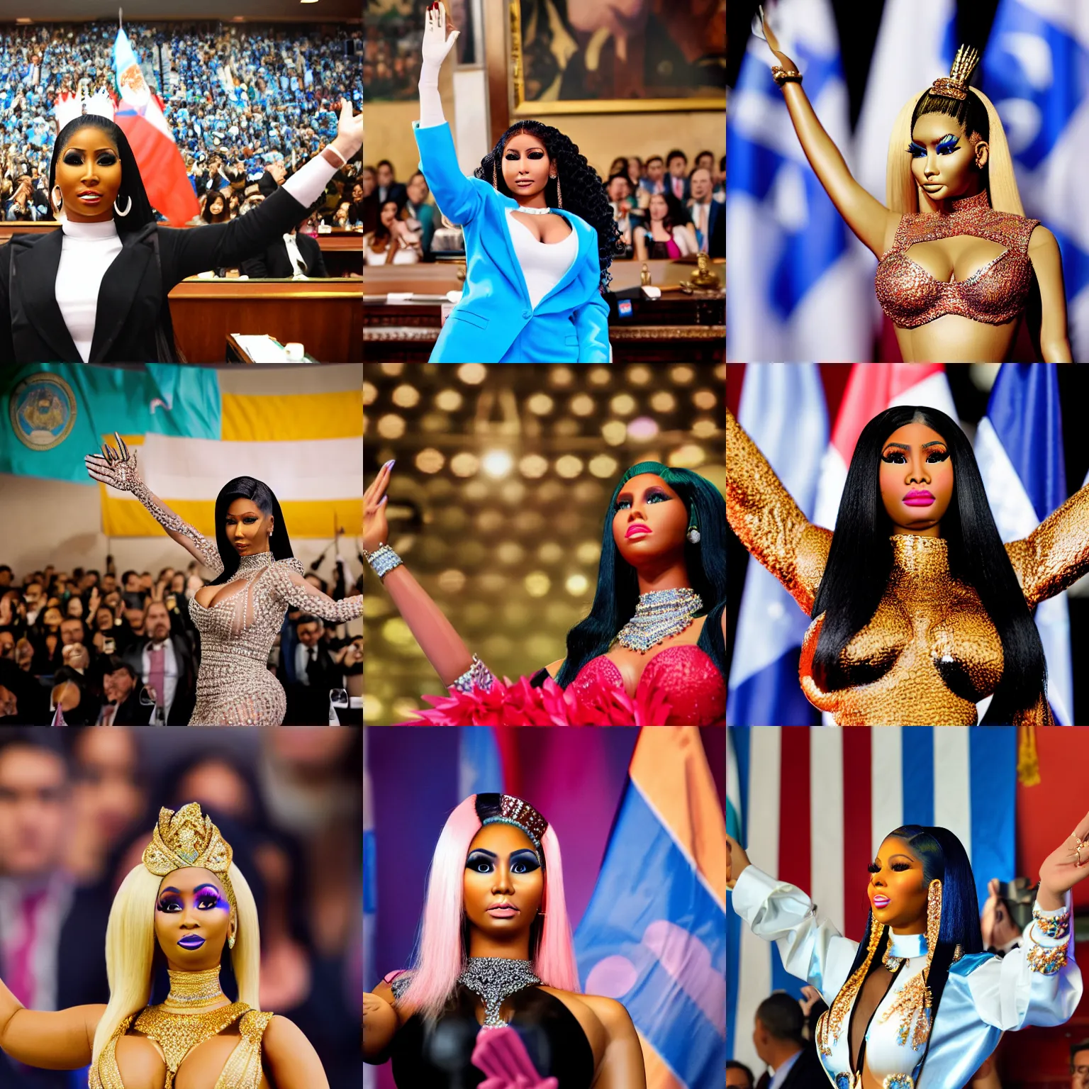Prompt: detailed Nicki Minaj in a suit waving hands in the Argentine Congress, flags of Argentina behind, bokeh,