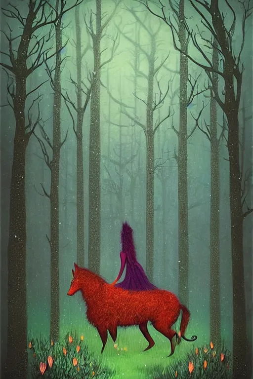 Image similar to surreal, fantasy, fairytale animals, flowerpunk, mysterious trail through the forest, by andy kehoe