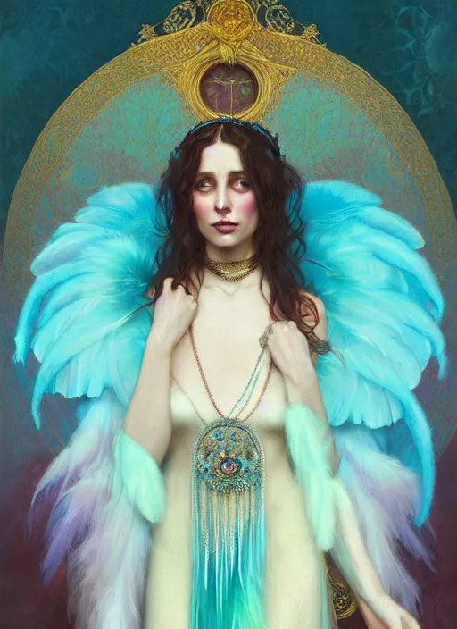 Image similar to ombre velvet gown, cyan, feathers, lovely bohemian princess, portrait, long hair, tiara, dozens of jeweled necklaces, feral languid woman, by greg rutkowski, brom, anato finnstark, alphonse mucha