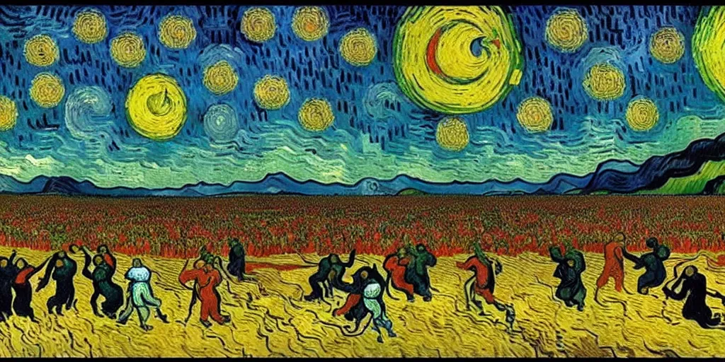 Prompt: the moment of victory of heaven forces in last judgment day, style of edgar allan po and vincent van gogh