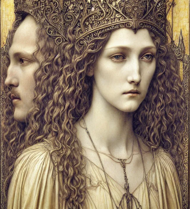 Image similar to detailed realistic beautiful young medieval queen face portrait by jean delville, gustave dore and marco mazzoni, art nouveau, symbolist, visionary, gothic, pre - raphaelite. horizontal symmetry