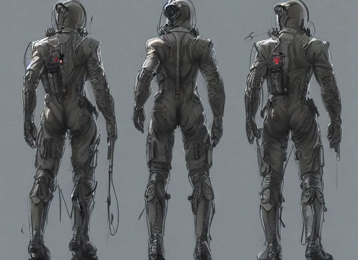 Image similar to front and back character view of Astronaut from Metal Gear Solid by Donato Giancola, Trending on artstation and pixiv clean concept art and sheet