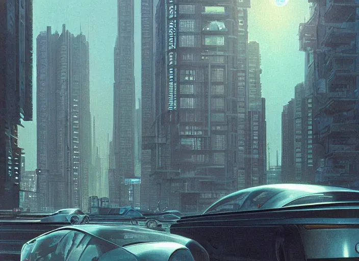 Prompt: a car driving down a street next to tall buildings the night at 2 pm, cyberpunk art by Chesley Bonestell, cgsociety, retrofuturism, matte painting, reimagined by industrial light and magic