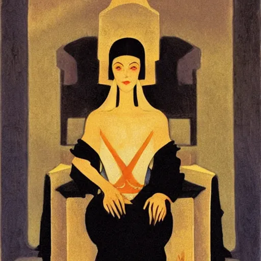 Prompt: an illustration of a queen wearing a beautiful black dress on a simple stone throne by nicholas roerich, by johann heinrich fussli, by frank frazettaby georgia o keeffe, realistic, detailed, oil painting