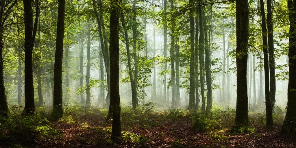 Prompt: lush forest, trees, godrays, 4k, crisp details, against light, glare condensation, dslr, canada