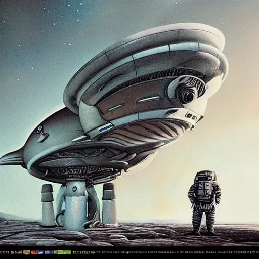 Prompt: By Jim bush and ed repka, air brush illustration, matte painting of a vintage alien ship landing on an alien planet, humans waiting for them in spacesuits on the ground, retro futuristic, science fantasy, symmetry accurate features, very intricate details, artstation