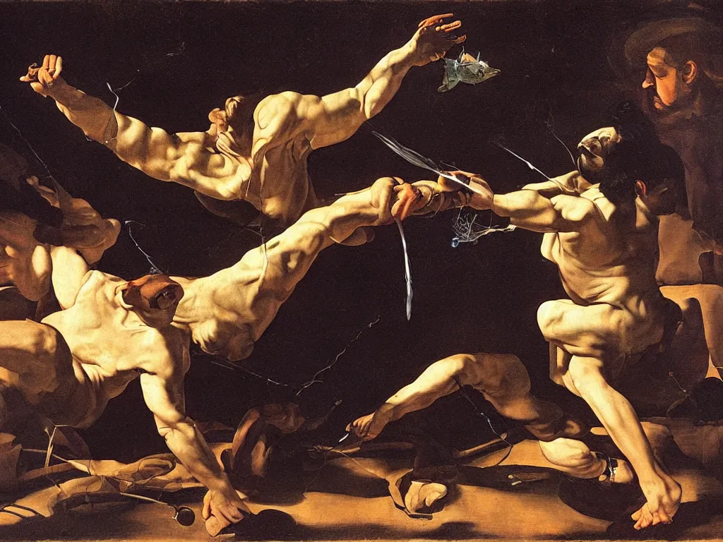 Image similar to Man fighting a phosphorescent moth under the stars, painting by Caravaggio