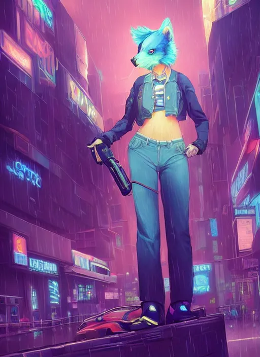 Prompt: A beautiful portrait commission of a female furry anthropomorphic avian blue bird fursona with feathers wearing a security guard uniform with a bullet proof vest. Cyberpunk city at night in the rain. Neon Light. Atmospheric. Character design by charlie bowater, ross tran, artgerm, and makoto shinkai, detailed, inked, western comic book art. 🐦🪶👔