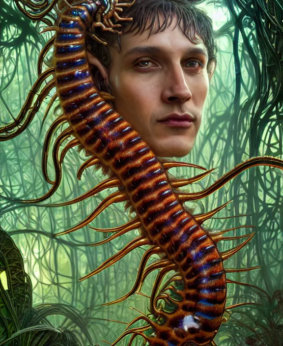 Image similar to intricate ornate opulent transparent clear see - through portrait of a terrifying beautiful male alien centipede, mottled coloring, adorable, childlike, overgrown jungle environment, ultra realistic, concept art, art nouveau, photorealistic, octane render, 8 k, unreal engine. art by christopher marley and artgerm and greg rutkowski and alphonse mucha