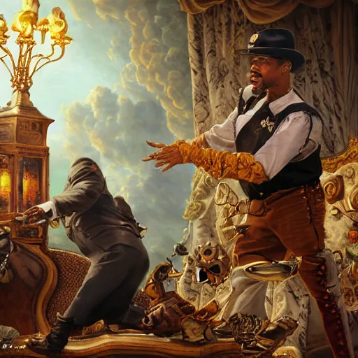Prompt: Will smith slapping chris rock, Realistic, Regal, Refined, Detailed Digital Art, Michael Cheval, Walt Disney (1937), François Boucher, Oil Painting, Steampunk, Highly Detailed, Cinematic Lighting, Unreal Engine, 8k
