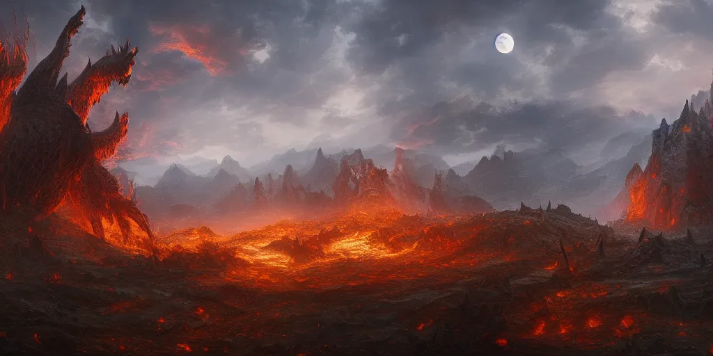 Prompt: a mythical battle between two giant fiery creatures, broken landscape, destroyed castle, red moon, by Andreas Rocha + Ted Nasmith, cinematic lighting, masterpiece, highly detailed, 8k resolution, trending on art station