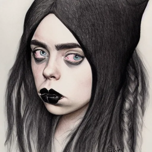 Prompt: a gothic portrait drawing of billie eilish by tim boyle