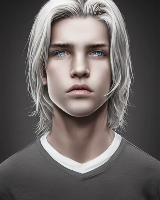 Prompt: portrait a 1 5 - year - old boy, with slender, white - blond hair, cold grey eyes, a pale complexion with sharp and pointed features, hyper realistic face, beautiful eyes, character art, art by mark brooks, hyperdetailed, cryengine, trending on artstation, digital art