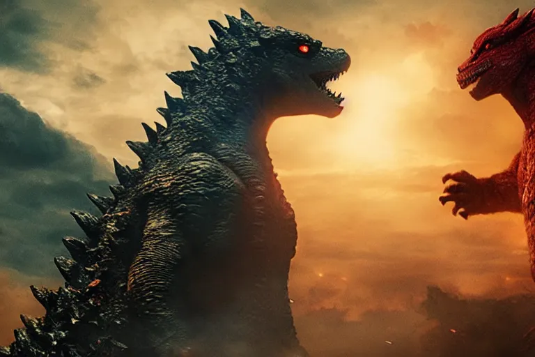 Prompt: two godzillas playing nintendo switch, cinematic, epic lighting, still shot from the new godzilla movie