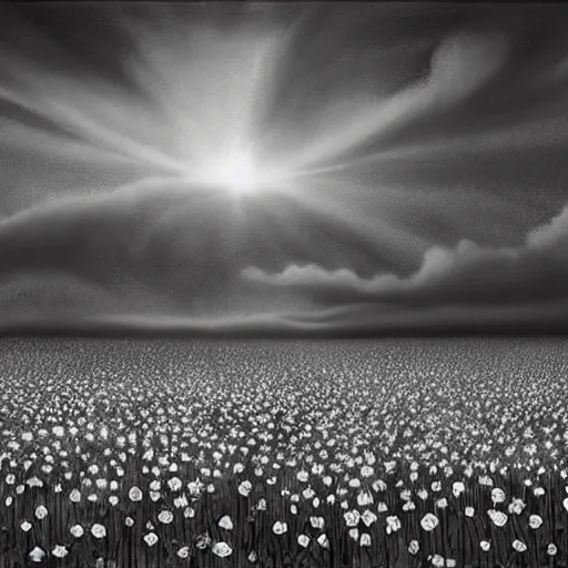 Image similar to By Pixar, ultra realist soft painting of a flower field by night, long dress female, horror, omnious sky, symmetry accurate features, very intricate details, black and white, volumetric light clouds