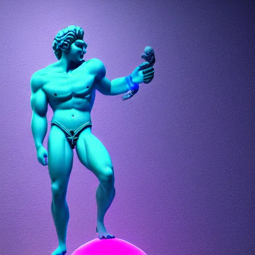 Prompt: unreal engine octane render houdini hyperreallistic render 8k marble statue of hercules vaporwave blue and pink neon background