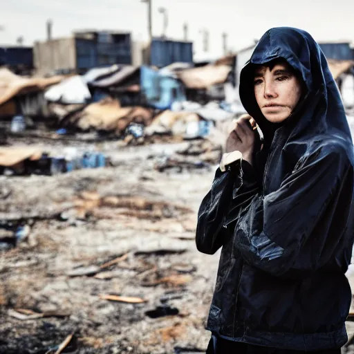 Image similar to photographic portrait of a poor techwear woman holding back tears, a futuristic shanty town burns in the background, closeup, sigma 85mm f/1.4, 4k, depth of field, high resolution, 4k, 8k, hd, full color