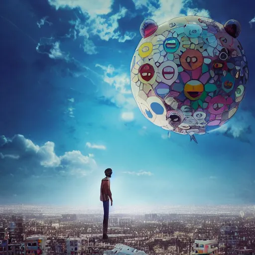 Image similar to a young man walking on clouds away from the camera perfectly centered above post - apocalyptic city by takashi murakami, beeple and james jean, aya takano color style, 4 k, super detailed, modern, 4 k, symmetrical