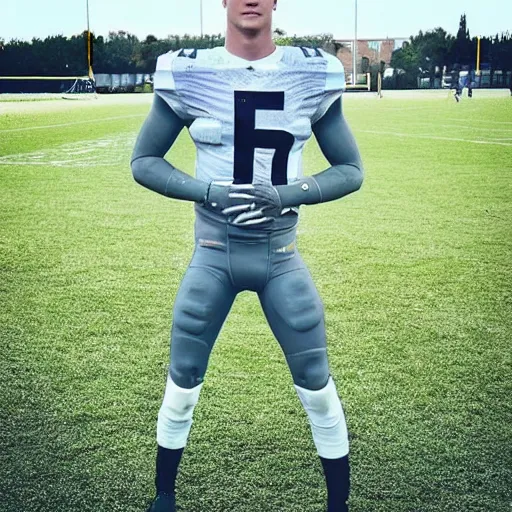 Image similar to “ a realistic detailed photo of a guy who is an attractive humanoid who is half robot and half humanoid, who is a male android, football player christian mccaffrey, shiny skin, posing like a statue, blank stare, on the field, on display ”