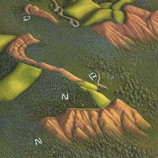 Prompt: topview illustration map, miniature photography closeup, h0, 1:87, reaction diffusion, Meadow, hills, highly detailed, satellite image, game map, anno 1404, civilization, by tim hildebrandt, by rhads, unreal engine, megascans texture