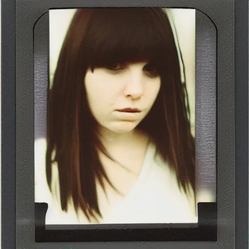 Image similar to polaroid photograph of emo girl, long hair and bangs