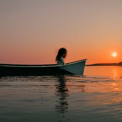 Prompt: a girl in a origami boat at dusk