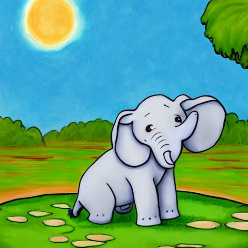 Prompt: a cartoon picture of a baby elephant drinking from a pond, a child's drawing by stan and jan berenstain, pixiv, furry art, childs drawing, furaffinity, storybook illustratio, digital art, professional, high quality, detailed n