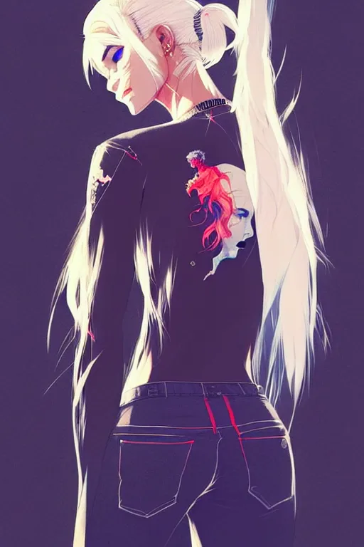 Image similar to a ultradetailed beautiful back painting of a stylish woman with white hair in a short pony tail, she is wearing jeans, by conrad roset, greg rutkowski and makoto shinkai trending on artstation